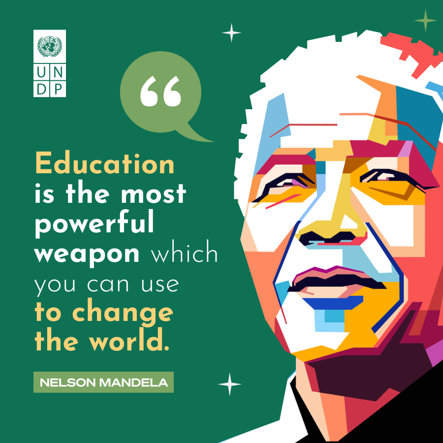 UNDP's tweet photo. Access to quality education has the power to change the 🌏 and transform lives 👩🏾👨🏽👵🏿👶🏼👧🏽

This #LiteracyDay, let's be inspired by Nelson Mandela's powerful words and continue to promote education for more inclusive, peaceful, just and sustainable societies. https://t.co/W2hCDGilkK