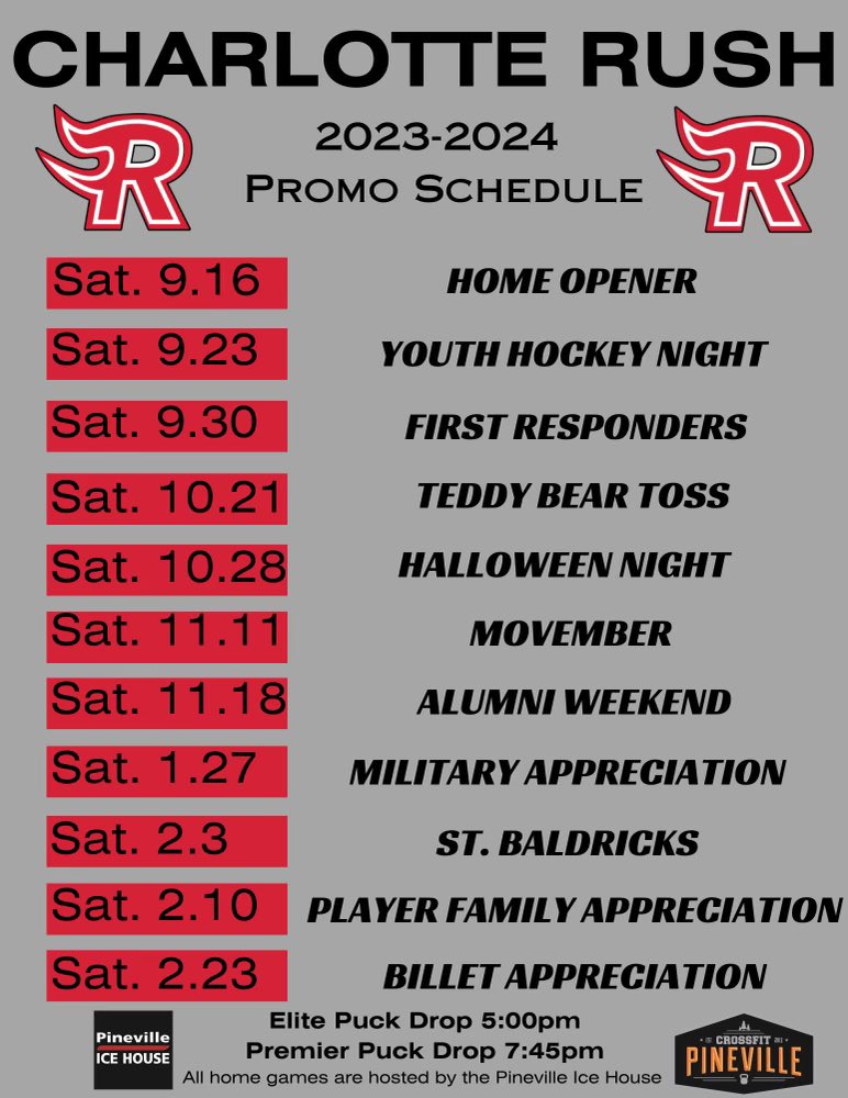RushHockeyClub's tweet photo. We are wrapping up day four of training camp and are excited to be releasing our promo schedule for the season!! Catch the Rush outdoors at Truist Field, home of the Charlotte Knights, on Saturday November 18th! @the_dankshow @usphlhockey #UATW #RAFL https://t.co/W1p2ukbVpW