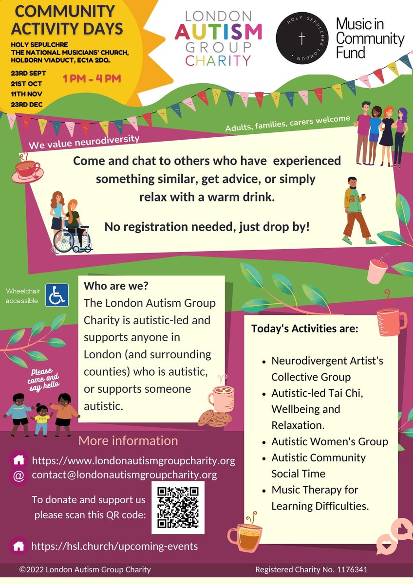 lagcharity's tweet image. Excited to introduce our new free  Activity Days,to enrich the lives of the London #AutisticCommunity.
At the fantastic and #accessible Holy Sepulchre Church EC1A 2DQ.
#Neurokin #AllAutistics #ActuallyAutistic #Autism #AutisticIdentity #Autistic #Neurodiversity #SocialGroups