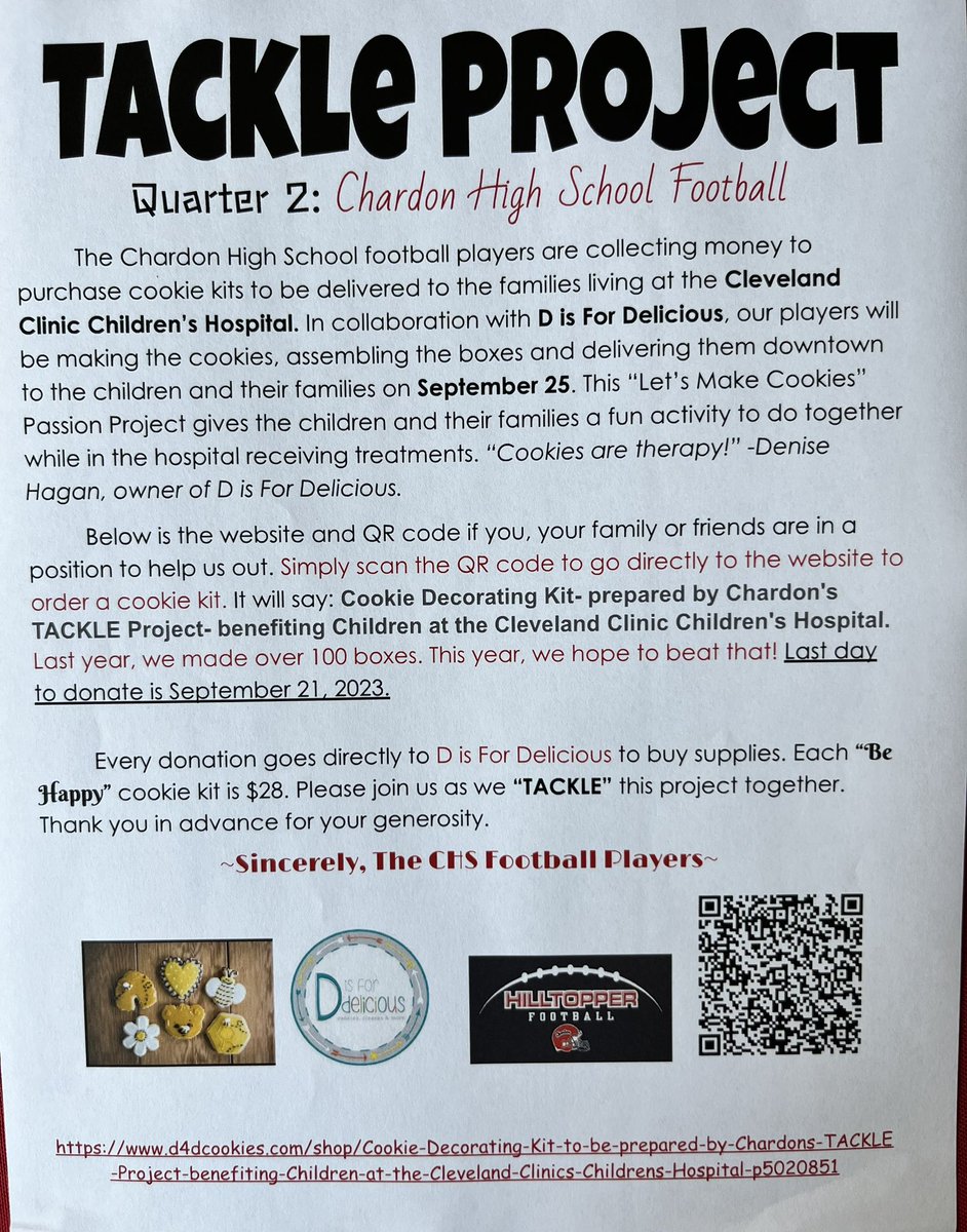 Kvujaklija's tweet photo. 2023 CHS Tackle Project #2: Raising money to make cookie kits with D is for Delicious for children in the  Cleveland Clinic Children’s Hospital. Please help us beat last year’s 100 boxes. @topperfb @toppernation @chardon_crazies @ChardonGridiron @chardonboosters @disfordelicious https://t.co/cNH2qbrxoL