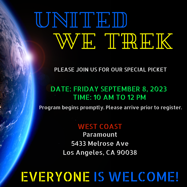 GeorgeTakei's tweet photo. United we trek. 🖖 Tomorrow is Star Trek Day, a day that should pay homage to Gene Roddenberry’s vision of a future, a future where everyone is treated with respect. Sadly, the studios and the Alliance of Motion Picture and Television Producers are failing to do their part in making that vision a reality.

I hope you’ll join me tomorrow.

Learn more here: https://t.co/jG6eCVNEy0