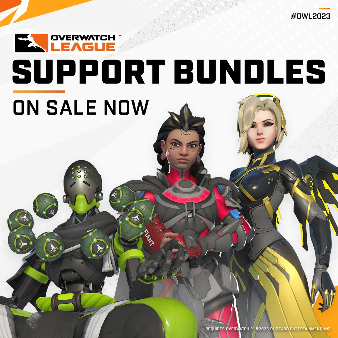 The sunrise is upon us ☀️ Support your favorite #OWL2023 team with the Support Bundle featuring Illari, Mercy, and Zenyatta in the Overwatch 2 shop!