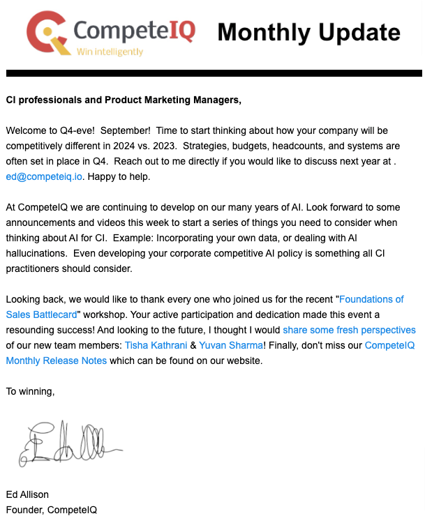 Our monthly update is out! To be added to the email list please contact: tkathrani@competeiq.io