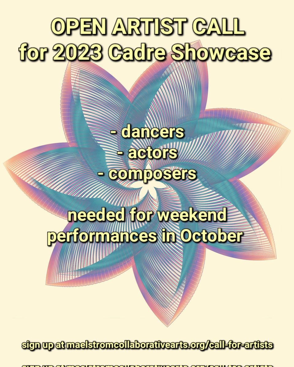 maelstromcollab's tweet photo. OPEN CALL: Our Cadre Showcase is coming up in October and each performance is in need of some additional artists to round out the show. We're specifically looking for dancers, actors and composers, all roles paid. 

Let us know asap by signing up at

https://t.co/ORJ9hlFvdw https://t.co/Z1wjzbqI5f