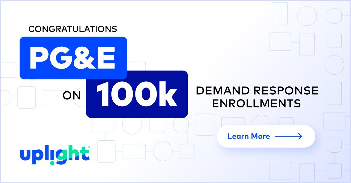 Uplight's tweet photo. Congratulations @PGE4Me on 100k demand response enrollments into your SmartAC™ Smart Thermostat program! We’re proud to be your partner in accelerating the clean energy transition. On to the next 100,000! https://t.co/euoCYdBMzr https://t.co/WZMXwPZcrI
