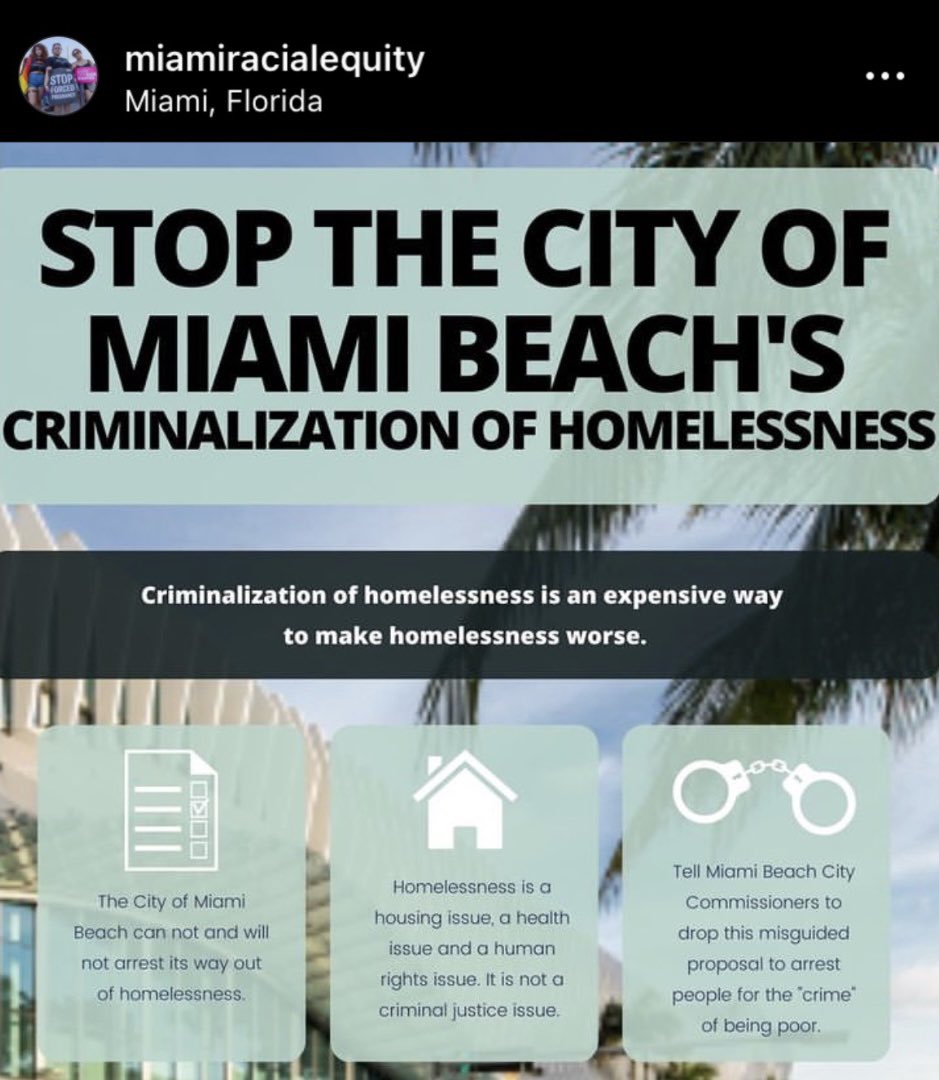 Anarchists & community groups are opposing interning unhoused folx and reinstating Miami Beach as a sundown town!

#StopTheSweeps #MiamiBeach #HousingForAll #SeizeAllEmptyHousing #SeizeTheVacationHomes #Miami #Florida #MutualAid #NoSundownTown #AbolishPolice #AbolishJail