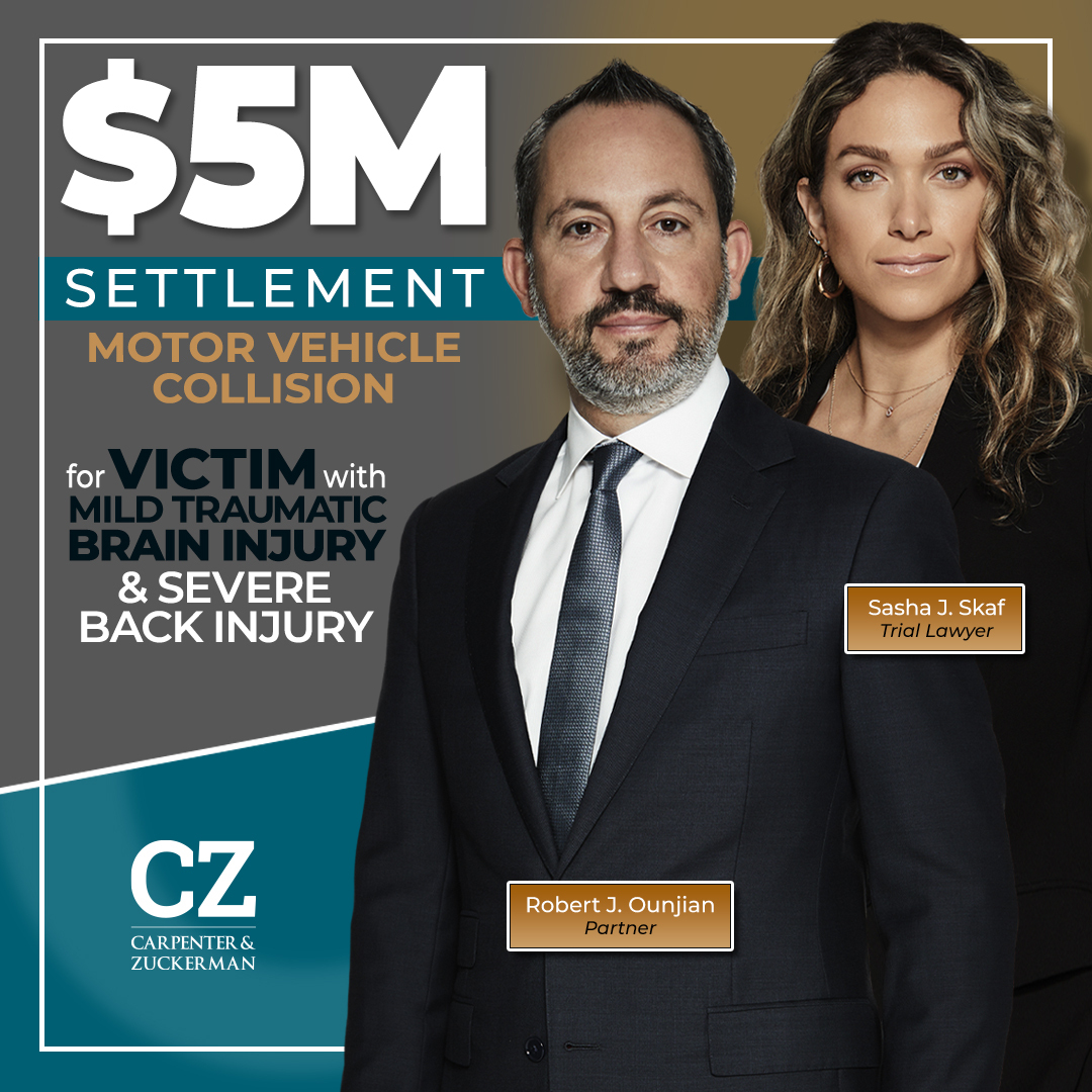 #CarpenterZuckerman #Partner Robert Ounjian and #TrialLawyer Sasha Skaf won a $5M #Settlement for a #MotorVehicleAccident victim who suffered a mild #TraumaticBrainInjury and required lumbar fusion surgery. Congrats on this momentous result for your client, Robert and Sasha! ⚖️