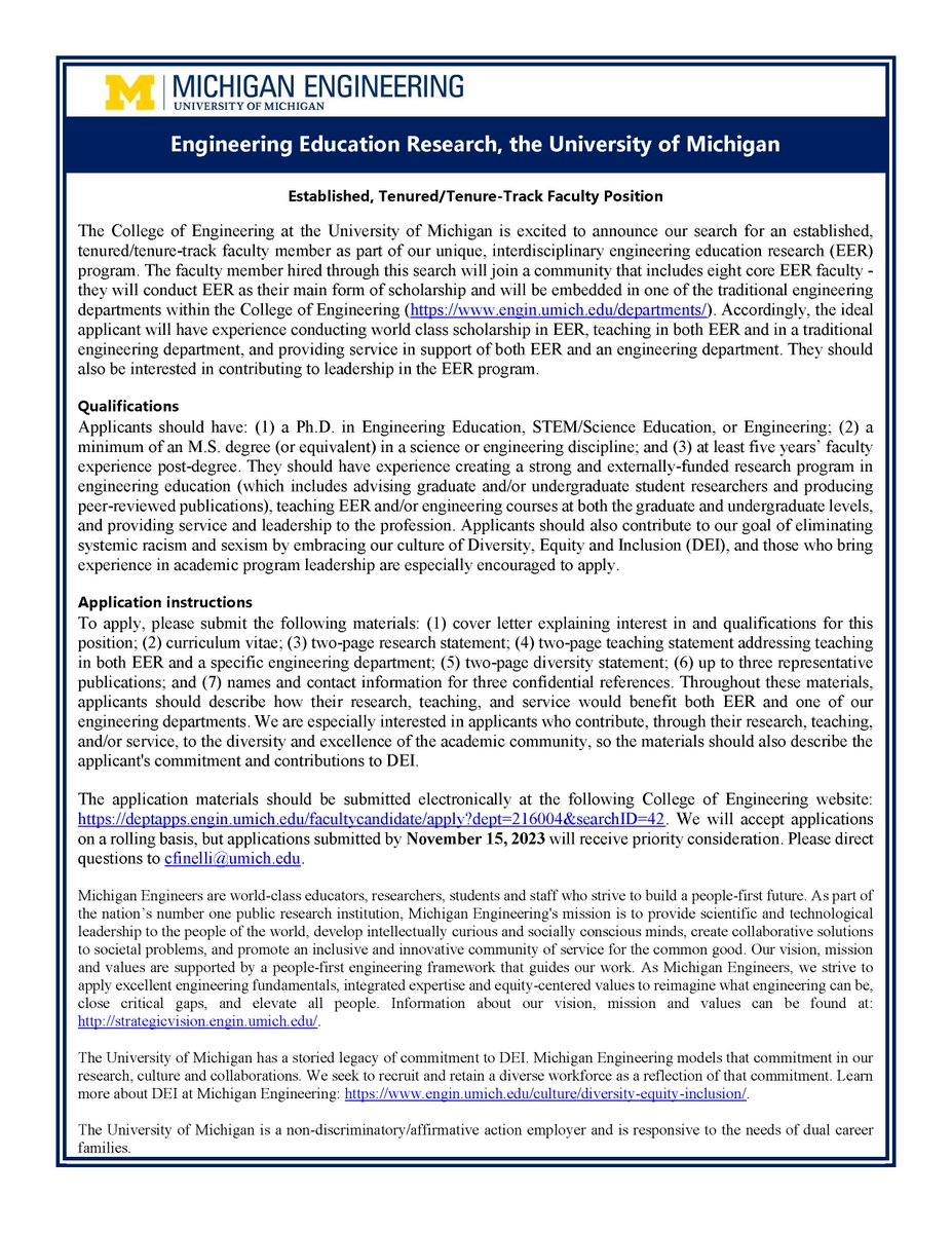 University of Michigan is hiring a new @UMichEER faculty member to be embedded in one of traditional engineering departments at @UMengineering ! Read all about the position here eer.engin.umich.edu/faculty-hiring… and submit your application here deptapps.engin.umich.edu/facultycandida…