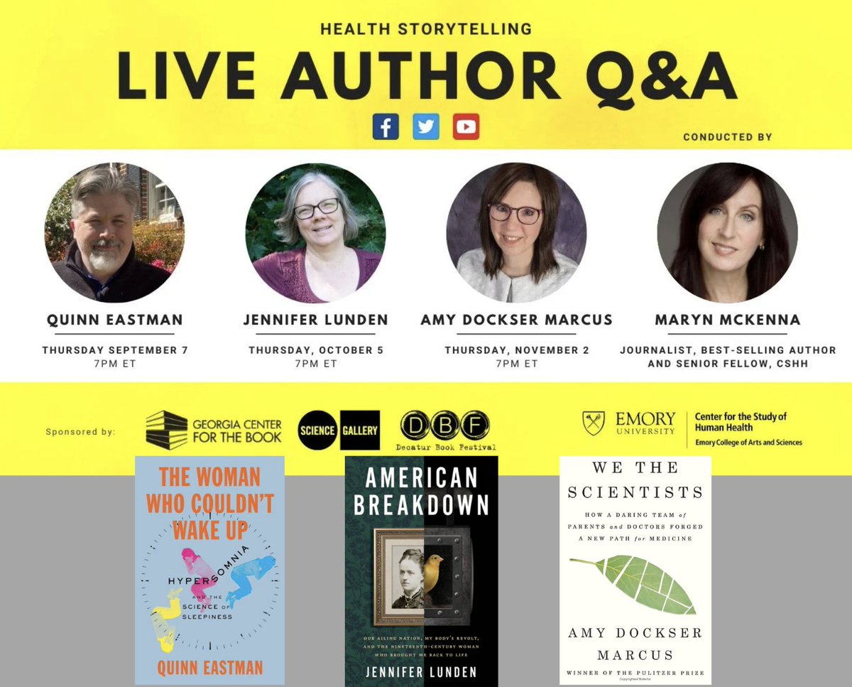 Emory Human Health (@emorycshh) on Twitter photo Three great co-sponsors for our 2023 #HealthStorytelling LIVE Author Q&A Series w/ <a href="/MarynMck/">Maryn McKenna</a>.
Thank you...
<a href="/GaCntr4TheBook/">Georgia Center for the Book (GCB)</a>
<a href="/SciGalleryATL/">Science Gallery Atlanta</a>
<a href="/DecaturBookFest/">Decatur Book Festival</a>
Be sure to follow them.
Join us TONIGHT for author <a href="/qeastman/">Quinn Eastman</a> and "The Woman Who Couldn’t Sleep" 7pm ET; Twitter & YouTube. Three great co-sponsors for our 2023 #HealthStorytelling LIVE Author Q&A Series w/ <a href="/MarynMck/">Maryn McKenna</a>.
Thank you...
<a href="/GaCntr4TheBook/">Georgia Center for the Book (GCB)</a>
<a href="/SciGalleryATL/">Science Gallery Atlanta</a>
<a href="/DecaturBookFest/">Decatur Book Festival</a>
Be sure to follow them.
Join us TONIGHT for author <a href="/qeastman/">Quinn Eastman</a> and "The Woman Who Couldn’t Sleep" 7pm ET; Twitter & YouTube.