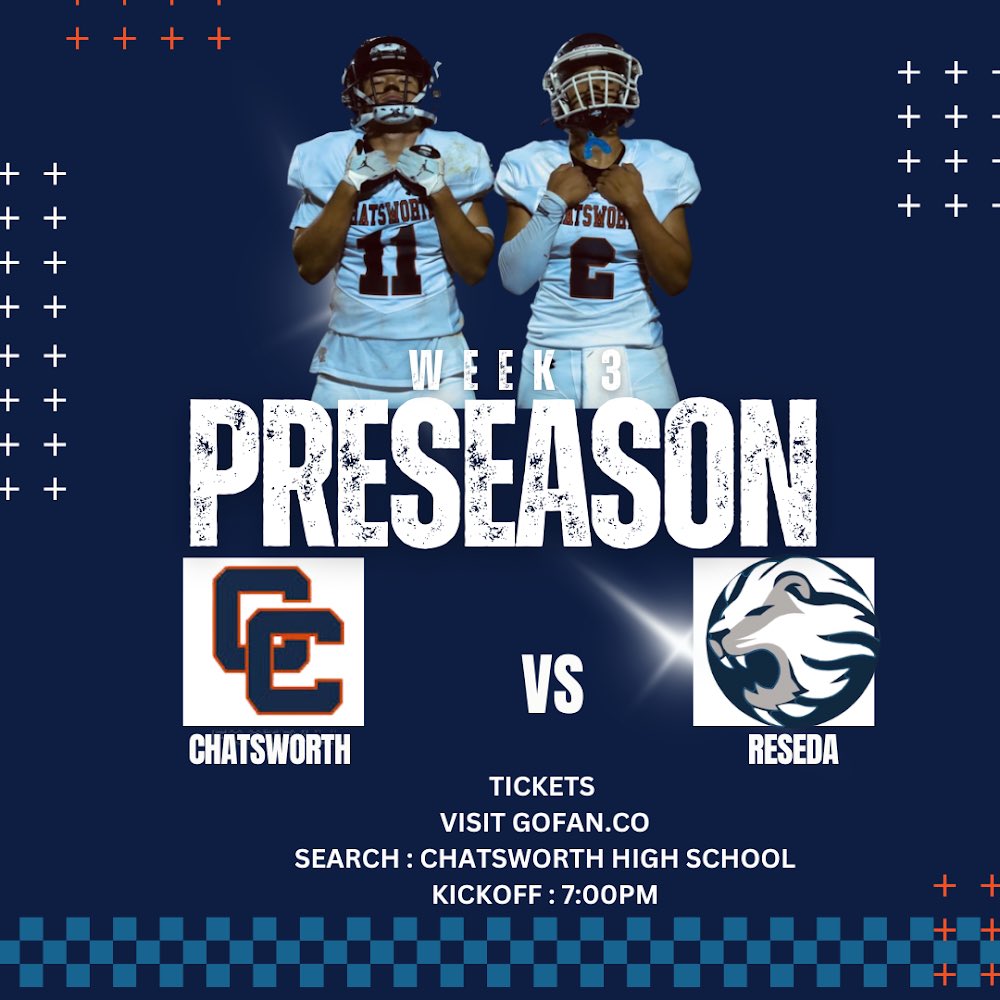 🏈 Tomorrow night we take on the Reseda Regents! 🤩 School's out early, go home, take a nap, call up your friends and get ready for some football action! 💥 Get your tickets at gofan.co by searching CHATSWORTH HIGH SCHOOL - Hope to see you there