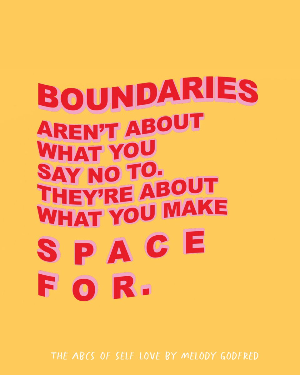 "Boundaries aren't about what you say no to, they're about what you make space for" - from The ABCs of Self Love by <a href="/melodygodfred/">Melody Godfred</a>

#boundaries #setboundaries #selflove #loveyourself #takecareofyourself #selflovequotes