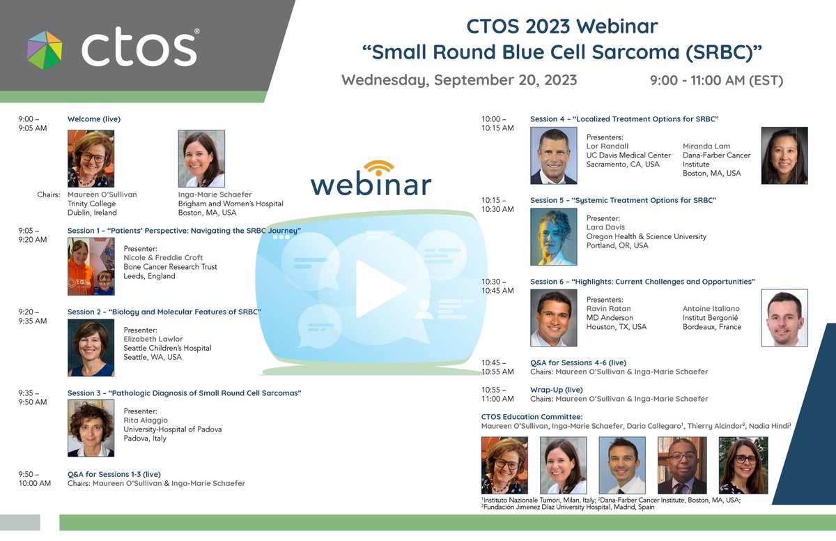 Looking forward to our next #CTOSociety Educational Webinar featuring “Small Round Blue Cell Sarcoma”, the 2023 Sarcoma of the Year! Global #sarcoma experts will discuss state-of-the-art diagnostics & clinical management. Register here: ctos.org/EducationalPro… #CTOSTweeTOS