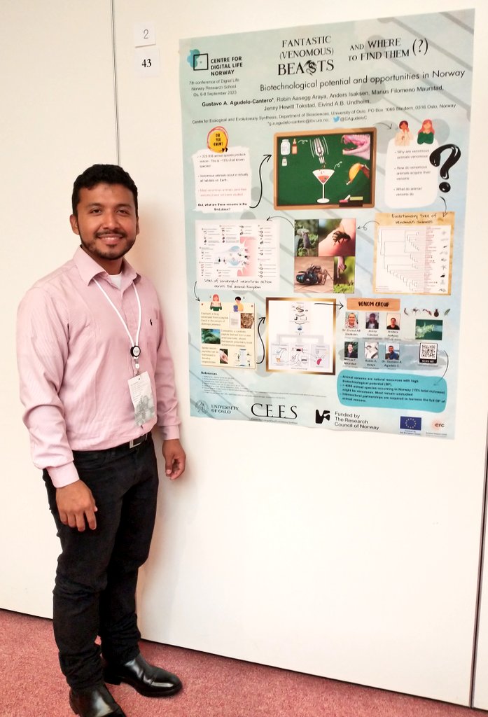 GAgudeloC's tweet photo. Happy to represent the Venom group at the 7th @DigitaltLiv Norway Research School 2023, presenting the biotechnological potential of animal venoms!
@CEESUiO @biovitenskap https://t.co/dnqVa3aHNt