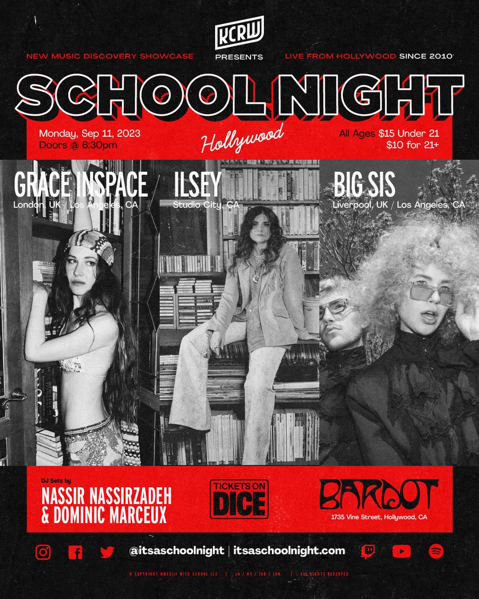ItsASchoolNight's tweet photo. LA, we’re back and better than ever! Combining forces with KCRW, we’re kicking off the season Mon, 9/11. Join us at @Bardot_Hllywd for performances by @Lazy__Grace, @ilsey, and @LargeSister. Plus DJ sets by @teNASSity and Dominic Marceux! Tix here: https://t.co/DUYcTV3U8E https://t.co/L5wVlgobvt