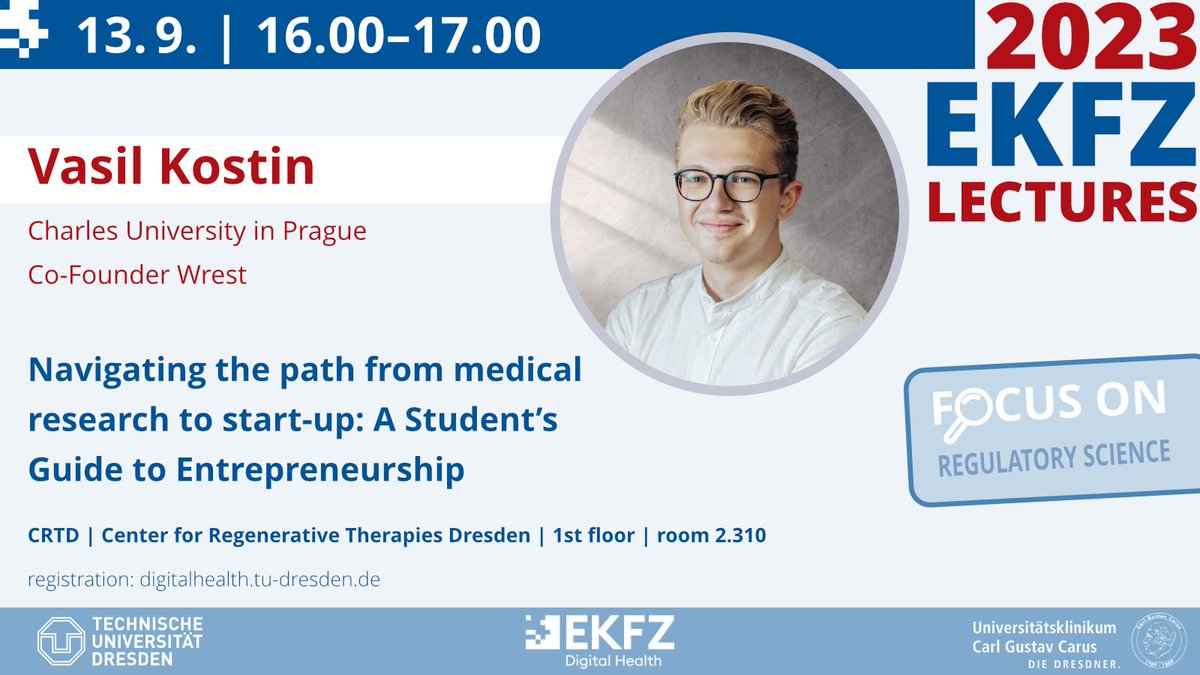Join the next #EKFZLecture with <a href="/VasilKostin/">Vasil Kostin</a> on SEP 13 | 4pm. The MD Student at Prague Unversity and co-founder of Wrest will show his personal pathway on building a #startup that got to Forbes 30 under 30 Czechia ➡️digitalhealth.tu-dresden.de/events/ekfz-le… <a href="/Stephen44026116/">Stephen Gilbert</a>