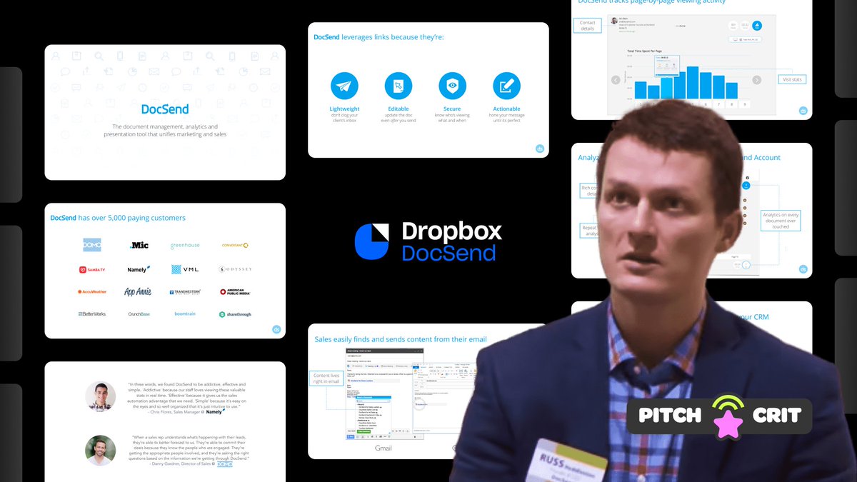 AskTonyStudio's tweet photo. Pitch deck critique time. This week we're auditing Docsend's sales deck. Docsend is the complete document management, analytics, and presentation tool that unifies marketing and sales teams. https://t.co/RZUptm4nhW