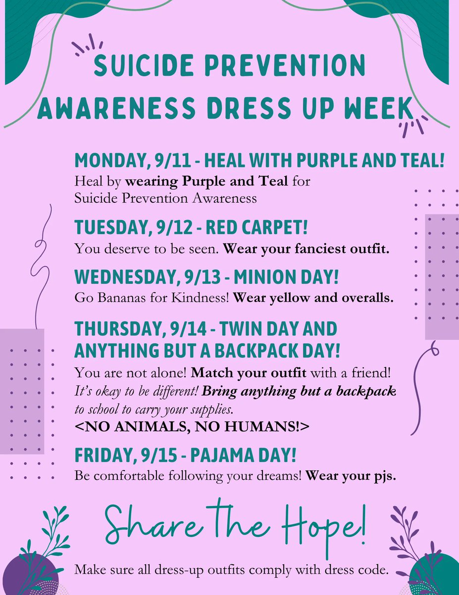ProsperRushing's tweet photo. Join us in sharing the hope with suicide prevention dress up days next week! https://t.co/4n1ZNfhsID
