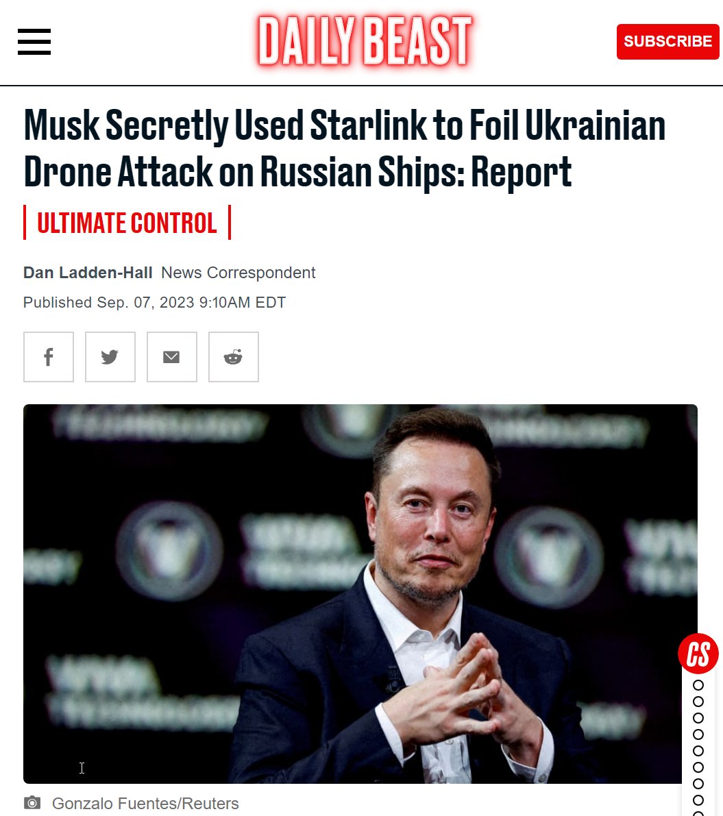 KanekoaTheGreat's tweet photo. The corporate media is churning out negative articles about @elonmusk, who has been generously providing free Starlink internet to Ukraine at a cost exceeding $80 million since the war began.

Why? He doesn't want his satellites used in long-range drone attacks on Russia, as he fears it could worsen the conflict and even trigger a nuclear war.

Musk has firmly rejected the idea of allowing Starlink to be used in a way that could escalate the conflict into World War III.

Here are some quotes from Musk since the war started:

"Starlink is the communication backbone of Ukraine, especially at the front lines, where almost all other Internet connectivity has been destroyed. But we will not enable escalation of conflict that may lead to WW3."

"SpaceX’s out of pocket cost to enable & support Starlink in Ukraine is ~$80M so far. Our support for Russia is $0. Obviously, we are pro Ukraine. Trying to retake Crimea will cause massive death, probably fail & risk nuclear war. This would be terrible for Ukraine & Earth."

"SpaceX Starlink has become the connectivity backbone of Ukraine all the way up to the front lines. This is the damned if you do part. However, we are not allowing Starlink to be used for long-range drone strikes. This is the damned if you don’t part."

-----

It's entirely reasonable not to want your satellite technology involved in triggering a catastrophic world war, especially with Russia, which would have dire consequences for humanity.

Despite Musk's clear public statements that Starlink won't be used for long-range drone attacks, some media outlets are now attempting to tarnish his reputation for not permitting Starlink to be used in such a manner.

In my view, these click-bait sensationalist headlines are disgusting, and I extend my appreciation to @elonmusk for his efforts in preventing a potential nuclear war.