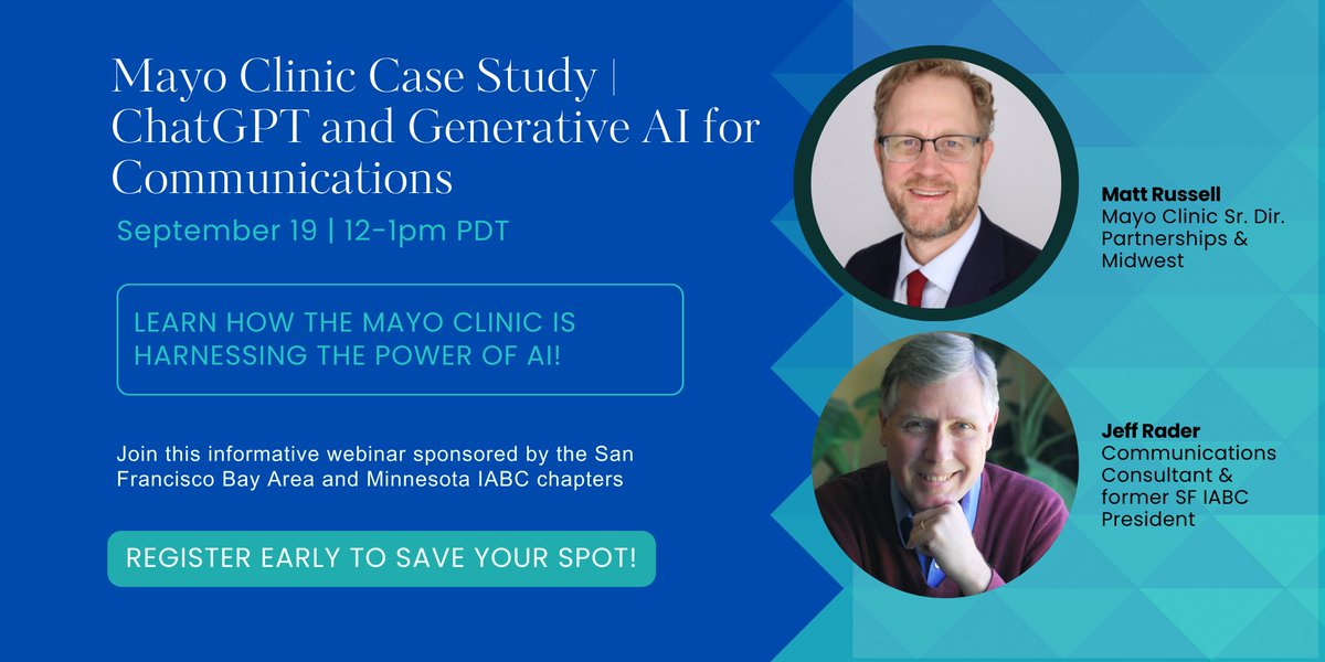 Can AI support the way we communicate?

Join us on 9/19 for a virtual event w/Matt Russell, Mayo Clinic Sr. Dir. and Jeff Rader, Comm. Consultant &amp; former SFIABC Pres., as they discuss Mayo Clinic's use of AI in comms.

Sign up today: ow.ly/yw2i50PH2zF 

#AI #Comms #IABC