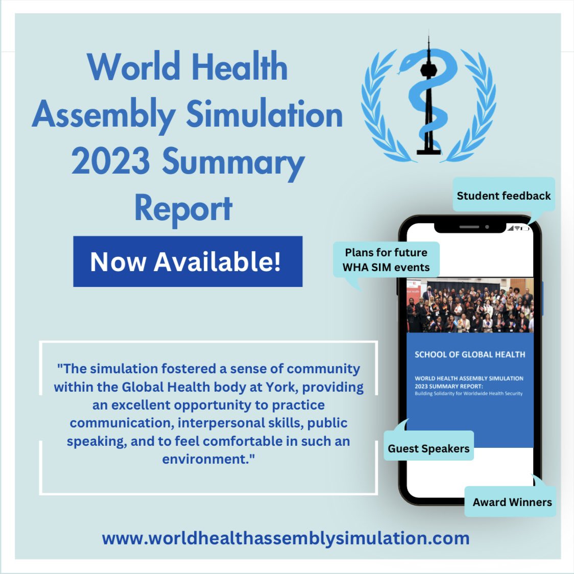 GHWHASIM's tweet photo. Explore our comprehensive 2023 Summary Report now available on our website! Delve into the invaluable insights shared by participants of the inaugural 2023 World Health Assembly Simulation 🌎
Link in our bio✨
#WHASIM2023 #GlobalHealth #WorldHealthAssembly #ExperientialLearning https://t.co/mSs6UOsbU4