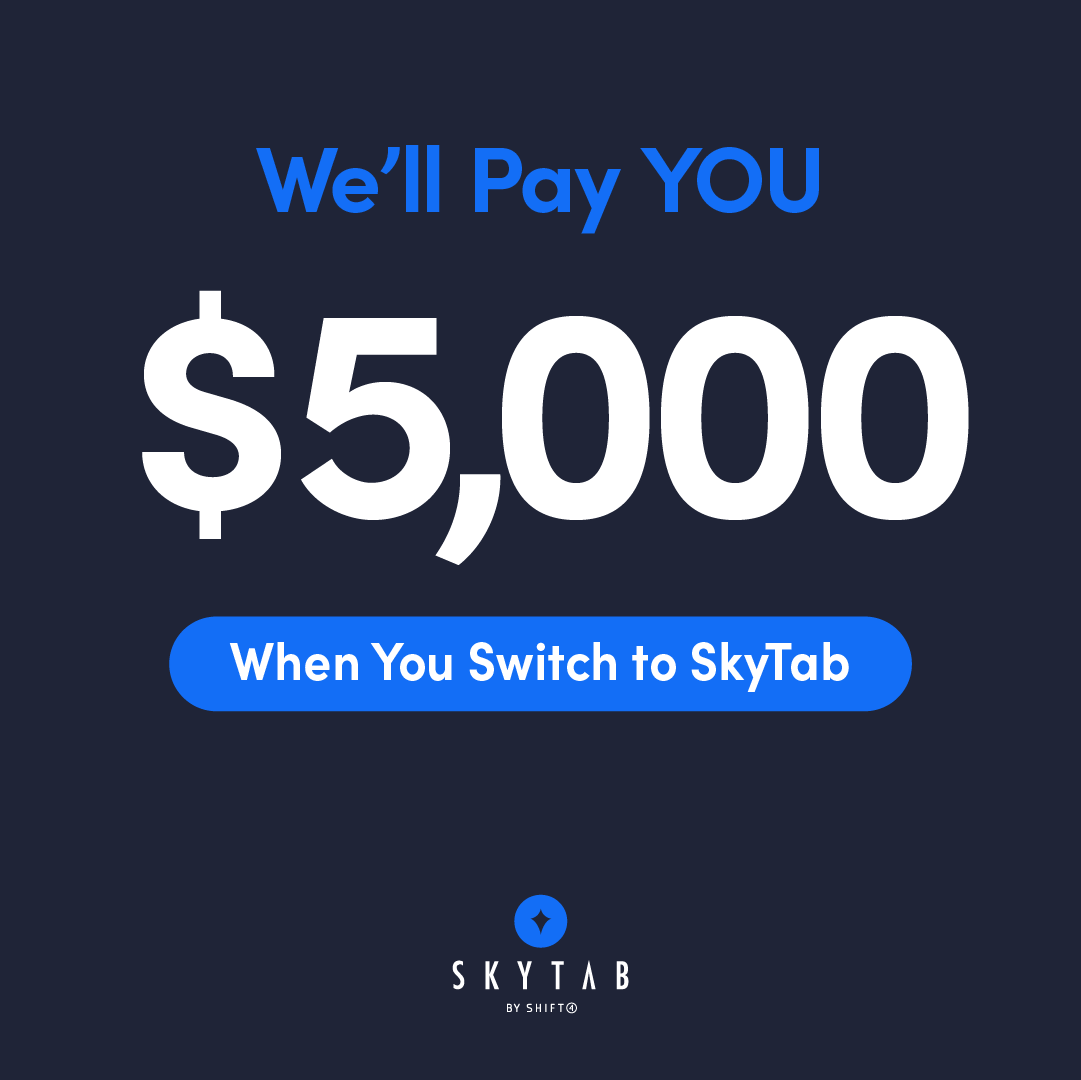 SkyTabPOS's tweet image. Want to get paid for switching to SkyTab!? Yeah, you read that correctly! 

Ditch your old POS provider and we’ll pay YOU $5,000. It’s that easy!

Get started → skytab.com/pos-fees

Terms and conditions apply.