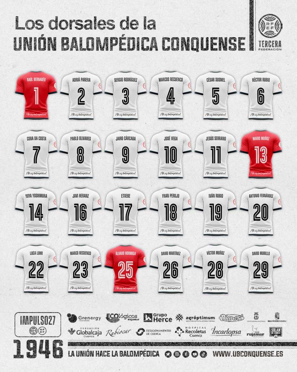 📢 #UBConquense❗

¡Cuéntenlos bien! Son los dorsales oficiales de esta temporada que llevarán nuestros guerreros... ¿Preparados? ¿Listos? ¡Esto comienza en dos días! ¿Eres ya soci@ de la #UniónBalompédica? Abónate y grita bien fuerte ¡#YoSoyBalompédico!