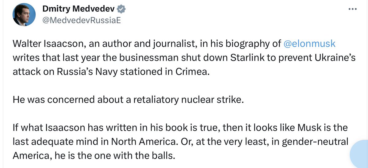 c14english's tweet photo. 🚨☦️🇷🇺 Many antisemites, including psychotic Russian Christian Fundamentalists like Medvedev, come out in support of Elon Musk, clearly emboldened by his pogrom against Jews and the ADL.
🇺🇦 History will punish Mr Musk for his antisemitic treachery against Ukraine!
#StandWithADL https://t.co/N2i05zwnxd