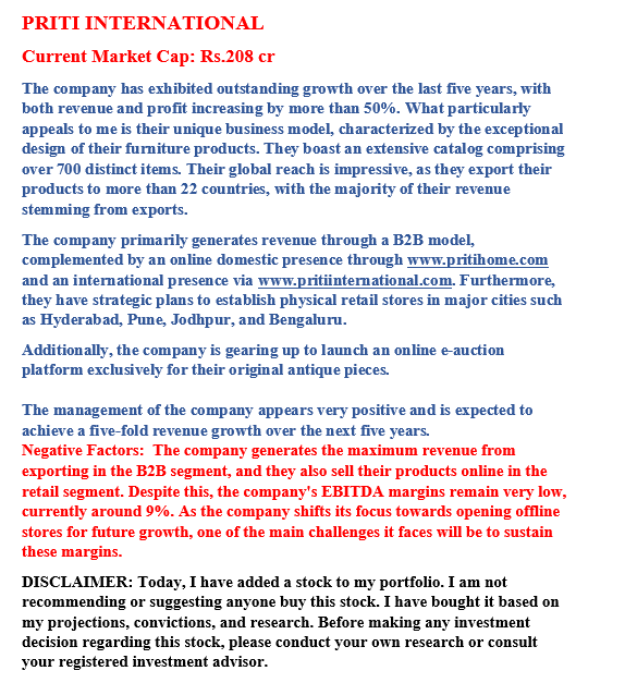 EquityE43524's tweet photo. #Priti International

Today, I have purchased shares of a company with a unique business model and allocated a small portion of my portfolio to them, intending to hold them for the long term.
#investing #smallcap https://t.co/10cCXavltU
