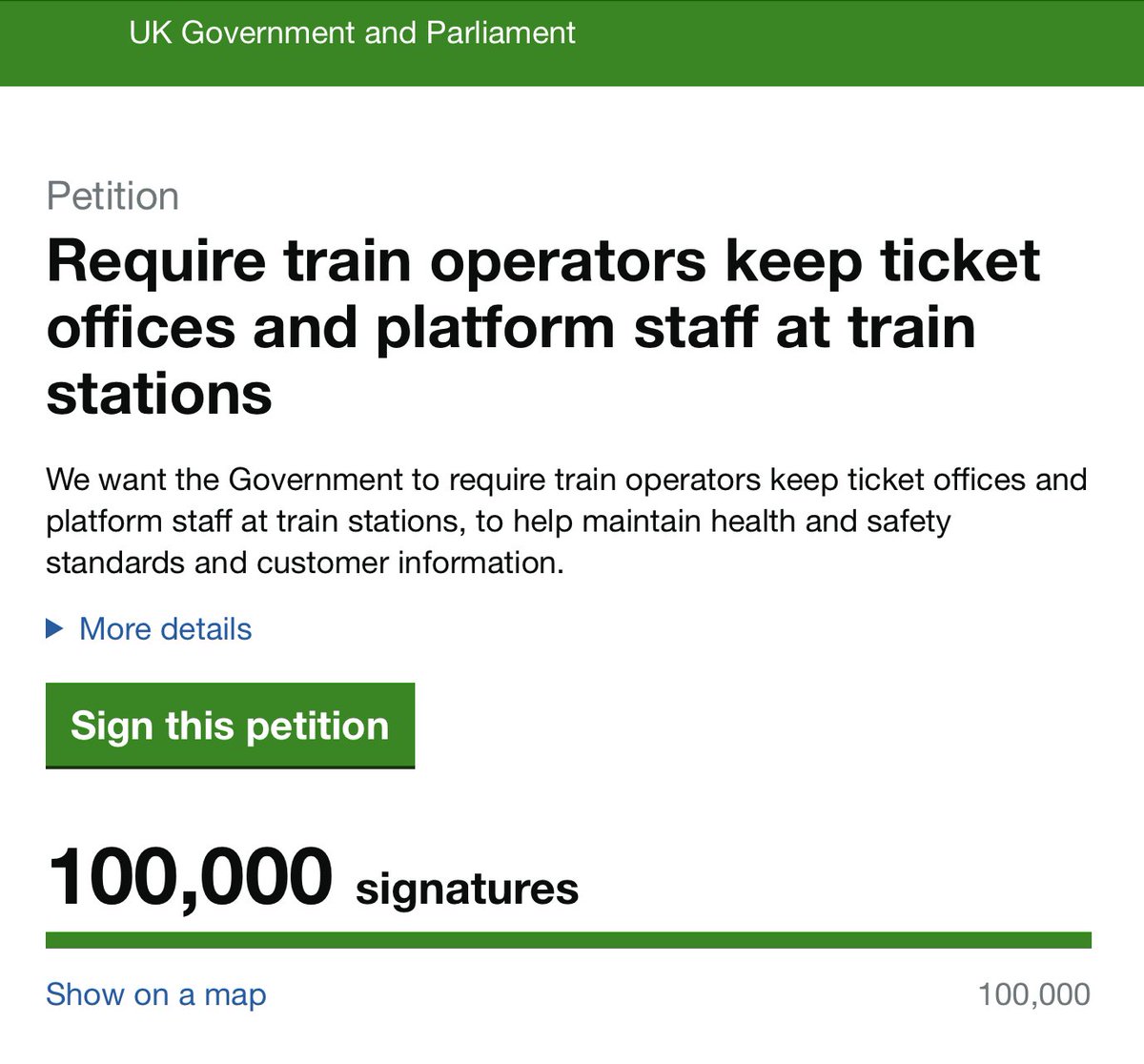 RMTunion's tweet photo. 1⃣0⃣0⃣,0⃣0⃣0⃣ signatures
Thank you to everybody who signed and shared. 👏
Proving once again that people prefer people.
Passengers want a safe, secure and accessible railway.
Let the debate begin.
#SaveTicketOffices https://t.co/fgzXsHQaZA