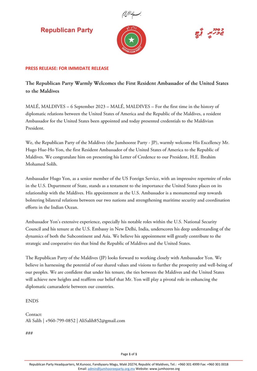 We warmly welcome US Ambassador Hugo Yon, the first Resident Ambassador of <a href="/USinMaldives/">U.S. Embassy in Maldives</a>, following the presentation of his credentials in Maldives. We look forward to working with him closely over the course of his tenure.