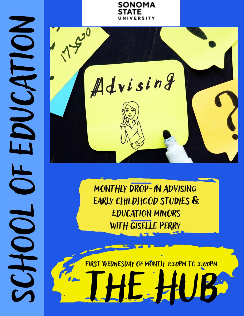 ssu_ecs's tweet photo. Giselle Perry, our Undergraduate Advisor, will host monthly drop-in advising sessions for students interested in Early Childhood Studies (Major, Minor) and the Education Minor.

If you are interested, you can find her every first Wednesday of the month in The Hub 1:30-3 pm. https://t.co/OswmNwdeTC