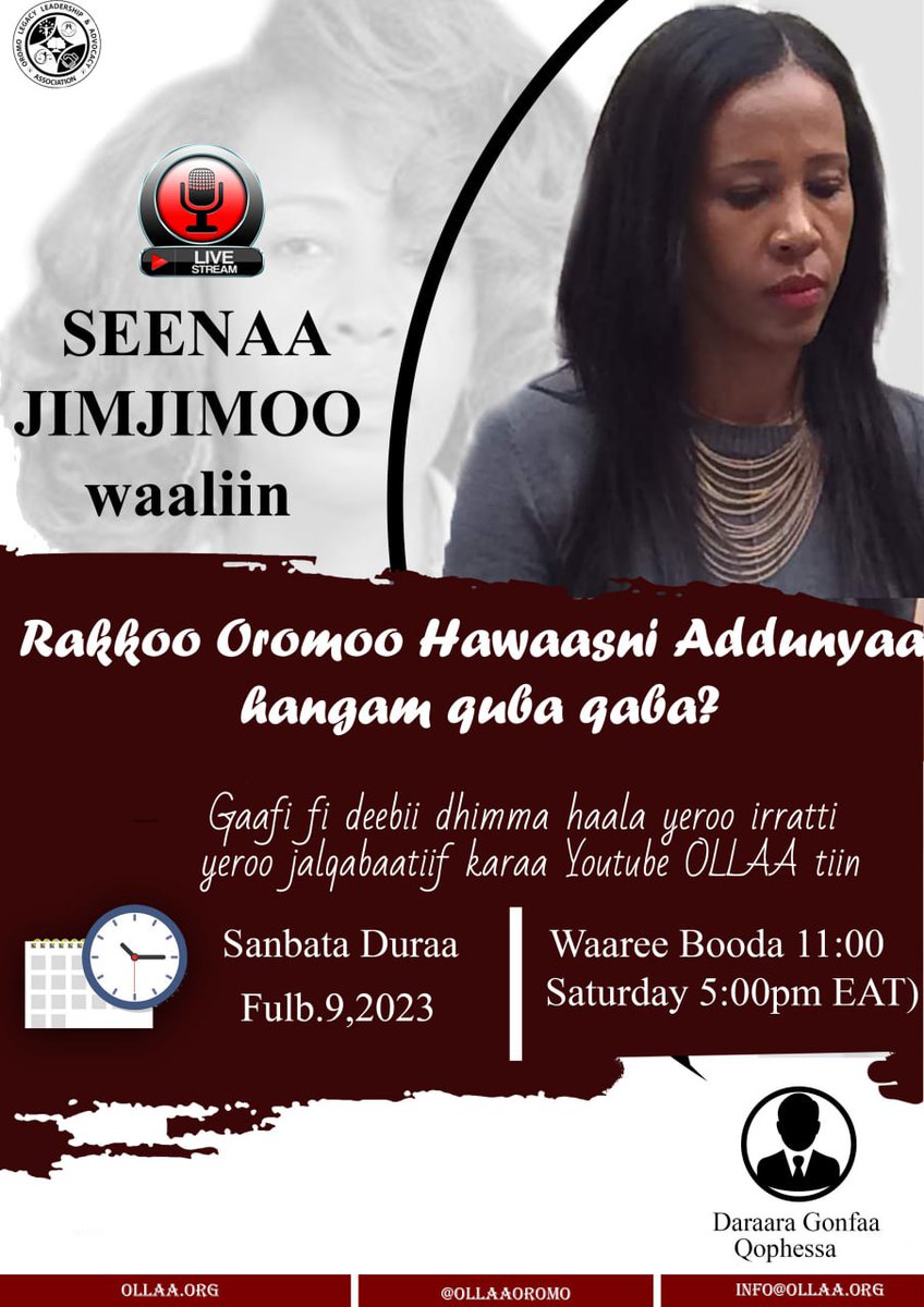 ollaaOromo's tweet photo. @OllaaOromo gaafi fi deebii kallattii yeroo jalqabaatiif gama YouTube dhabbatichaa, Darektera OLLAA @SeenaaJimjimo waliin ni taasisa.
Dhimmoota :-
Lola #Oromiyaa fi sirbamaa mirgoota namoomaa.
Hojiiwwaan gama dippilomaasi fi Abukaatummaa .
Haala #OLLAA'n itti jiru fi fulduree isaa.
Furmaata fi ga'ee hawasa addunyaa.
Qorannoo Walabaaf waamicha KOMNA (ICHREE)
fi kanneen biroo irratti ni mari'atama.
Dhimma kana irratti yaada ykn gaaffii yoo qabaattan nuuf erga.
https://t.co/l4DhmX5qm4