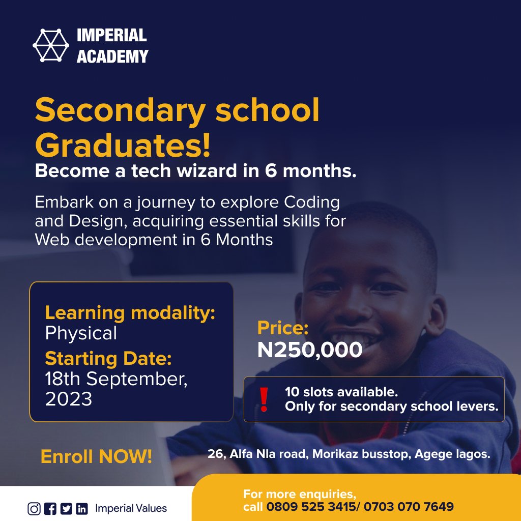 Here we go 🚀🚀🚀

Entol your child in our 6-Month Web Development Bootcamp for Secondary School Graduates.

Amazing opportunities await them!