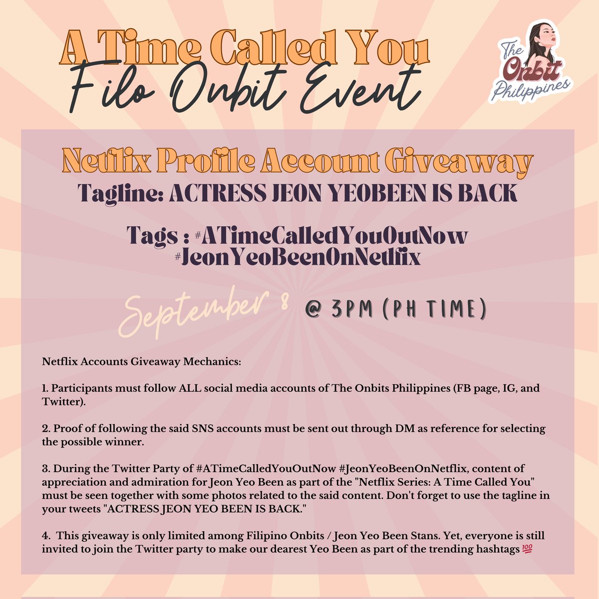 theonbitph's tweet photo. 📣 Giveaway alert! 

Yep! In celebration for our ACTRESS JEON YEOBEEN come back with a new series, we are giving away Netflix accounts !

Here's your chance to watch ATCY in Netflix sponsored by us.
Mechanics below👇

#JeonYeoBeen #전여빈 
 #ATimeCalledYou  
#너의시간속으로 https://t.co/icb9agAbMW