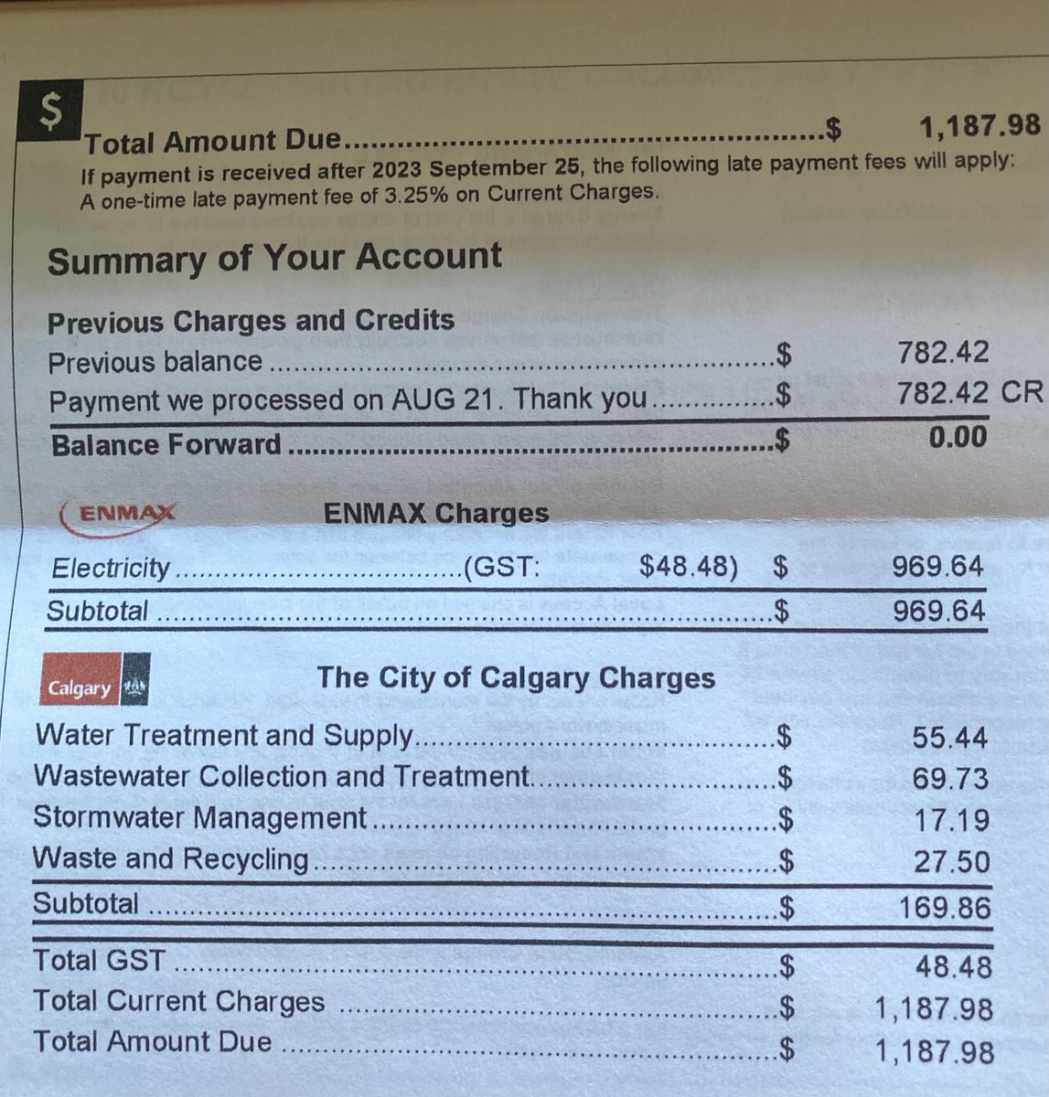 Remember when Notley said that utility bills were as high as mortgage payments.

Well Smith, my monthly mortgage amount was set at $1,200. And this month, I have to pay Enmax $1,187.98.

$969.64 for electricity.

I have no idea how we’ll cover expenses in the next month.