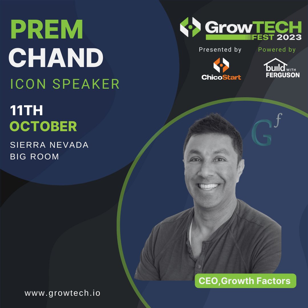 Chicostart530's tweet image. Join us at Sierra Nevada Brewery October 11 + 12th to get the inside scoop about Prem&apos;s entrepreneurial journey. Grab tickets now! 🎟 Visit growtech.io.

#GTF2023 #startupicon