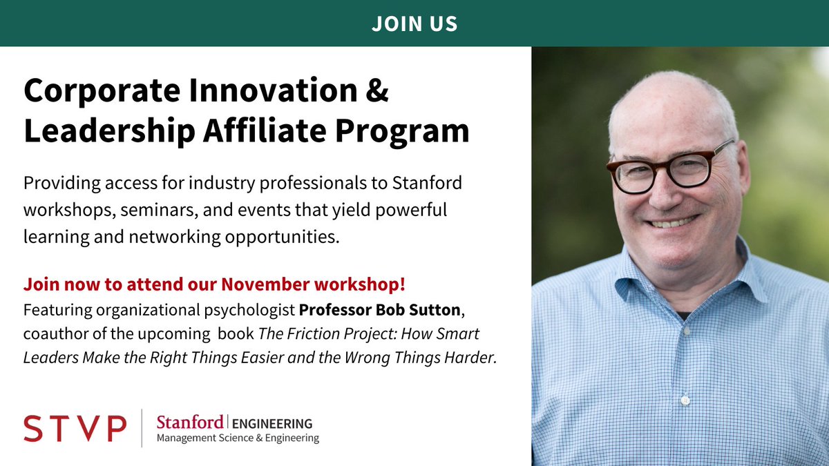 ECorner's tweet photo. Companies can now join STVP’s Corporate Innovation &amp; Leadership Affiliate Program and access Stanford’s cutting-edge research, workshops and seminars. Don't miss our November workshop featuring Prof. Bob Sutton (@work_matters): https://t.co/mui4XCTbkR #Innovation #Networking https://t.co/XfKsNZxZZc