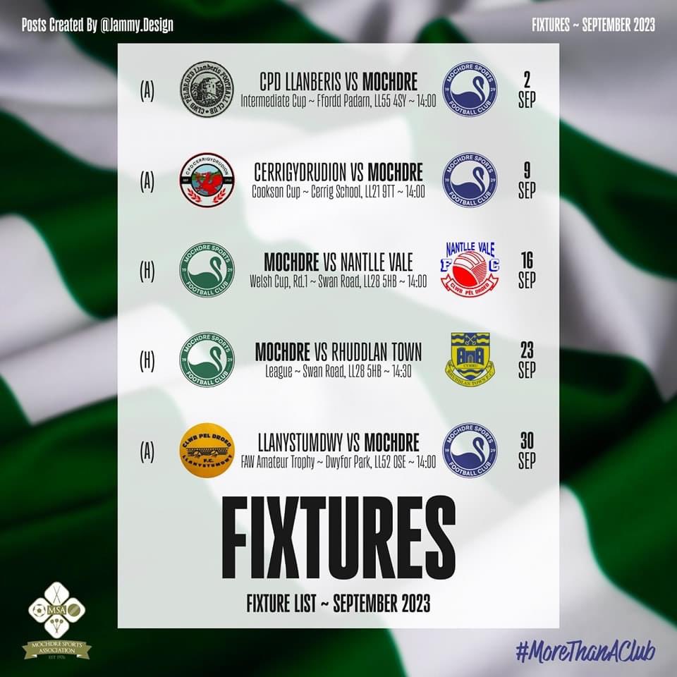 Our September fixtures are now complete, following last night's FAW Trophy 2nd round draw.

We have been drawn away to <a href="/llanystumdwyFC/">CPD Llanystumdwy FC 🏴󠁧󠁢󠁷󠁬󠁳󠁿</a> of the North Wales Coast West Division One. Llanystumdwy find themselves in 5th with 4pts from their 2 league games so far this season.