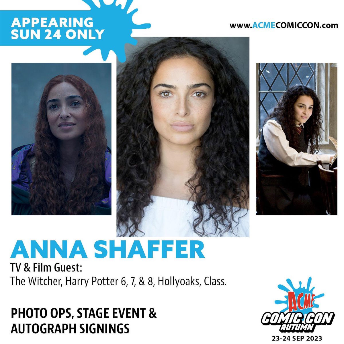 3 New media guests: a thread
Anna Shaffer

⭐ The Witcher
⭐ Harry Potter 6, 7 &amp; 8
⭐ Hollyoaks
⭐ Class

📸 Pre-book guest experiences - acmecomiccon.com/store
🎟️ Get your tickets - tinyurl.com/2avrt5f9

#acmecomiccon #acme #glasgow #scotland #thewitcher #harrypotter