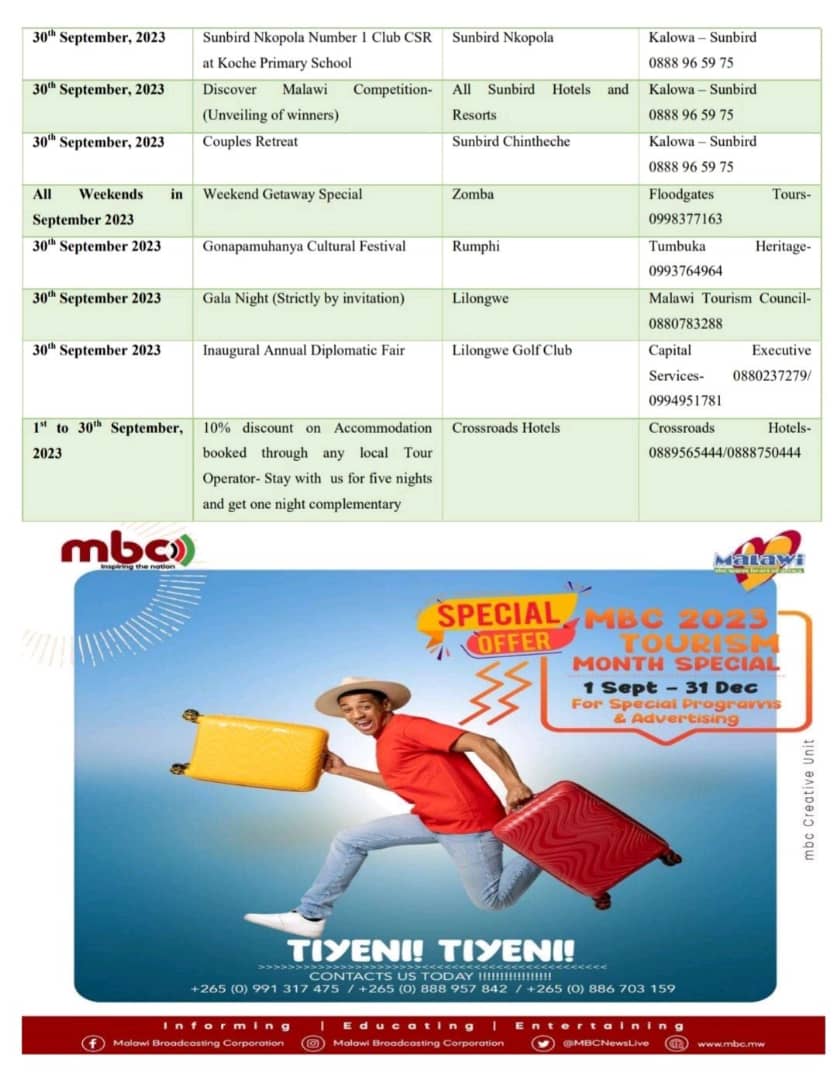 floodgatestours's tweet photo. The National Tourism month calendar of activities is out and as a licensed and professional Tour Operator, we are proud that our Weekend Getaway Special has been added on the list. Do you need any other reason to trust our services?

#Choose the best!
#zombatourism 
#Malawi https://t.co/1w0YqZL7Ma