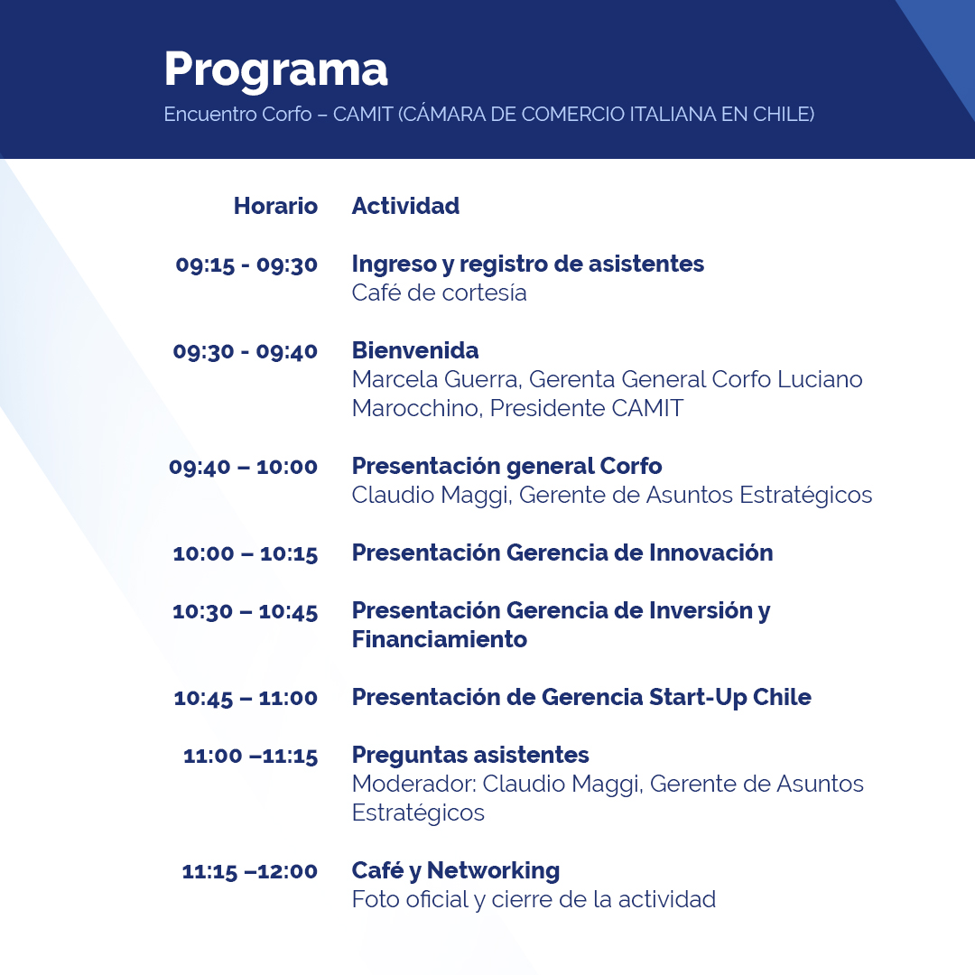 ¡Tenemos una emocionante novedad que compartir!
En colaboración con <a href="/Corfo/">Corfo</a>, en CAMIT estamos preparando un evento divulgativo exclusivo, que se enfocará en la innovación, el financiamiento y el desarrollo sostenible para las empresas en Chile.
Escríbenos para confirmar asistencia