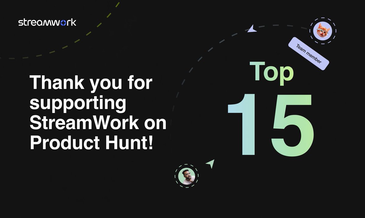 getstreamwork's tweet image. We’re pumped to have broken the ‘Top 15’ with our launch announcement on @ProductHunt. To see all the positive responses roll in from those discovering StreamWork is just what we’ve been working towards. 

Check out the conversation! 👉producthunt.com/posts/streamwo…