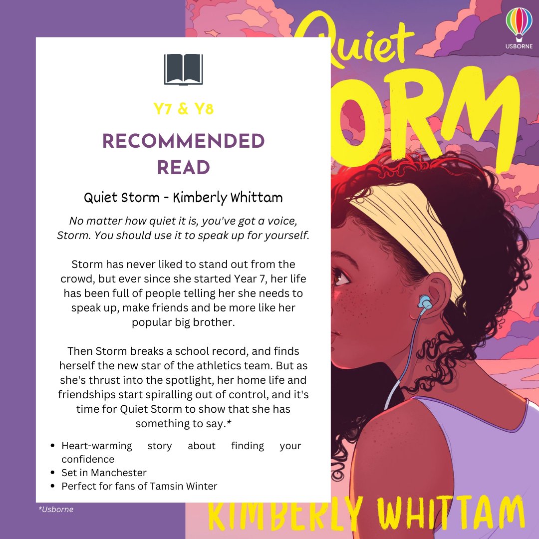 BGSLibraries's tweet photo. This week, we're recommending Quiet Storm by @KimberlyWhittam for our Y7 and Y8 readers. What better way to start the new academic year than with a story which will empower and inspire you to go after your dreams?! 👇📚

#BGSrecommends #BGSreads https://t.co/taOKZo6pa7