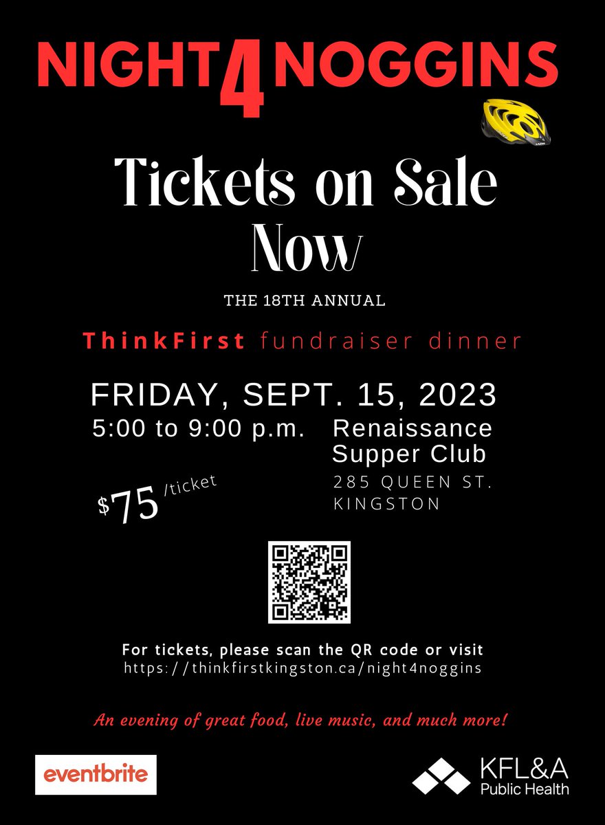 Join us next Friday for an amazing cause, at #NightforNoggins! Proceeds will go toward supporting the cost of helmets for local children. Let's save our noggins together! <a href="/QueensUHealth/">Queen's Health Sciences</a> <a href="/QueensuDOM/">Queen's U Department of Medicine</a> 

Tickets: thinkfirstkingston.ca/night4noggins