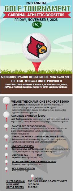 ES_Athletics's tweet photo. It's time to start registering for our 2nd Annual Cardinal Athletic Booster Golf Tournament Fundraiser.  Come out for a great day of golf on November 3rd to help support your East Surry Athletic programs.  You can also support through various sponsorship levels. Go Cards! https://t.co/ddzCfUWEet