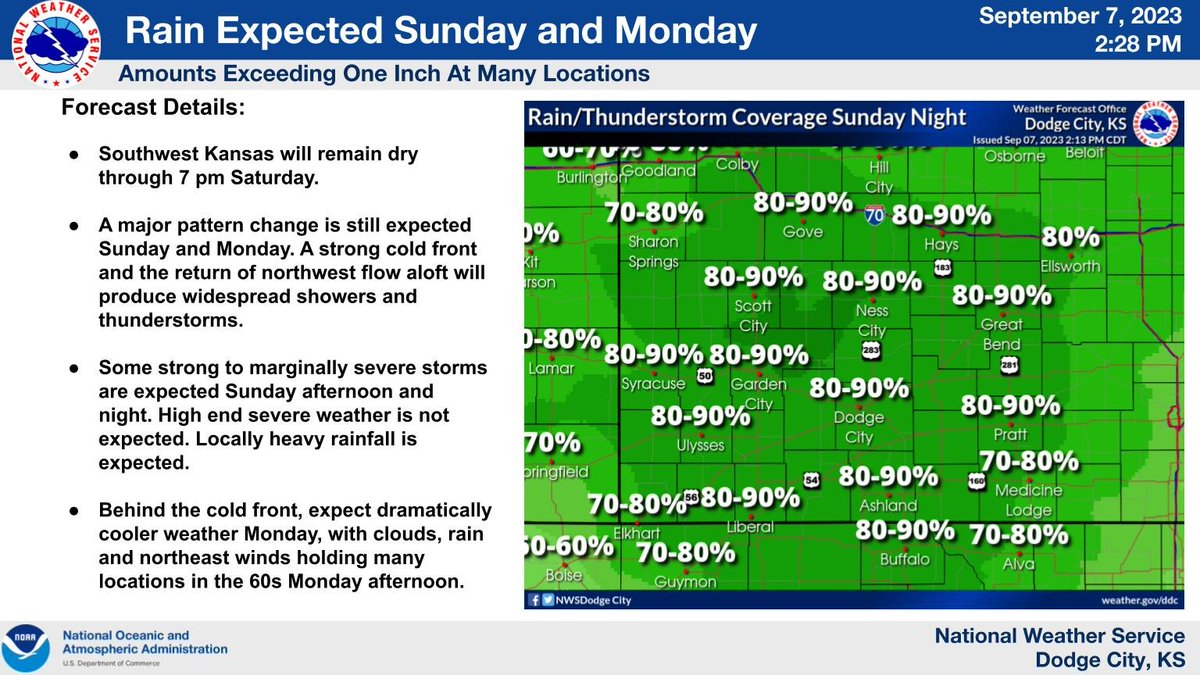 NWSDodgeCity's tweet photo. A pattern change toward beneficial rainfall and much cooler temperatures is expected Sunday into early next week. https://t.co/pSSntJZRrG
