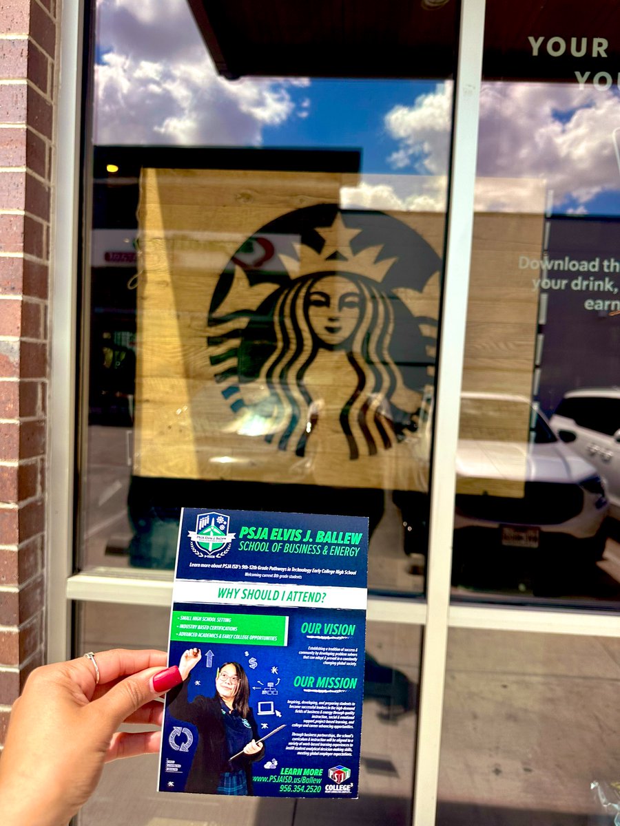 Visiting our Neighborhood Starbucks to inform our community about our 
Fall🍁tastic campus. Do you know a 9th or 10th grader interested in Business or Energy? Give our campus a call today! (956)354-2520