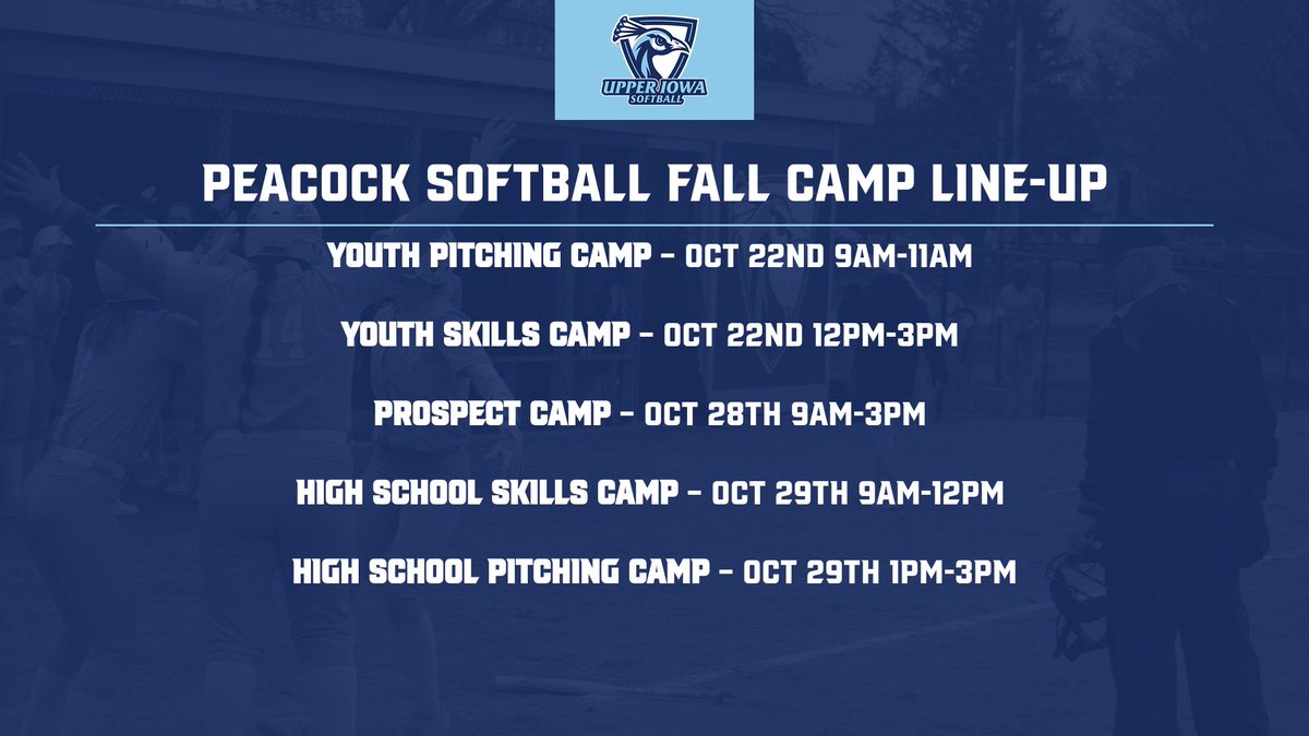 UIU_Softball's tweet photo. We want to invite you to Camp with the Peacocks! 

We look forward to meeting you, getting better together, &amp; making some memories. Check out our Fall Camp Line-Up &amp; let's have some fun playing the game we love! 

#FeathersUp🦚

𝕁𝕠𝕚𝕟 𝕌𝕤! ⬇️
🔗https://t.co/8W0JybAtQ0 https://t.co/M2TL6uuh2H