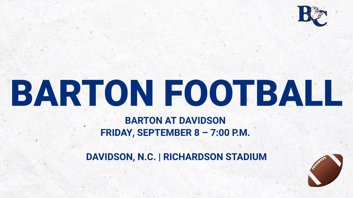 Barton College Athletics (@bartonathletics) on Twitter photo 🚨 FOOTBALL SCHEDULE CHANGE ALERT 🚨
👇
🏈: Barton at Davidson
📅: Friday, September 8
📍: Davidson, N.C. (Richardson Stadium)
🕰️: 7:00 p.m.
NOTE: Game moved up one day due to the threat of severe weather all day Saturday . #BartonBold . #BCBulldogs . <a href="/barton_fb/">BartonCollegeFB</a> 🚨 FOOTBALL SCHEDULE CHANGE ALERT 🚨
👇
🏈: Barton at Davidson
📅: Friday, September 8
📍: Davidson, N.C. (Richardson Stadium)
🕰️: 7:00 p.m.
NOTE: Game moved up one day due to the threat of severe weather all day Saturday . #BartonBold . #BCBulldogs . <a href="/barton_fb/">BartonCollegeFB</a>