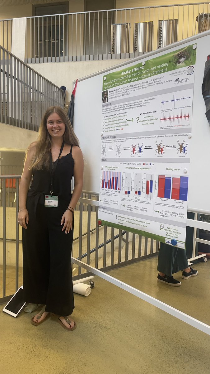 Denise shaking it up with her poster on Pisaura mirabilis’ “Shaky Affairs” (aka courtship vibrations 🕷️〰️) at today’s poster session #dzg23 Well done Denise! 💙🕷️❤️